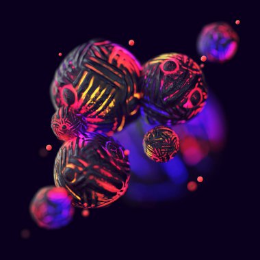 Parlak sihirli shperlerden yapılmış soyut renkli kompozisyonun 3D yansıması