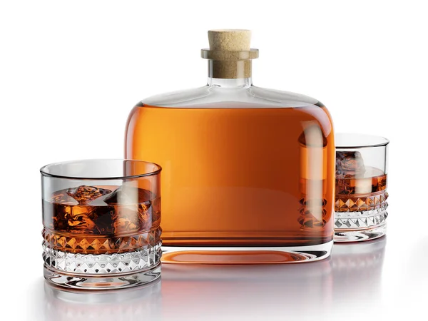Weergave Van Whiskey Fles Met Twee Glazen Gevuld Met Drank — Stockfoto