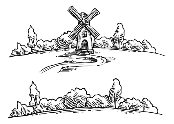 Windmolen met struiken en bomen — Stockvector