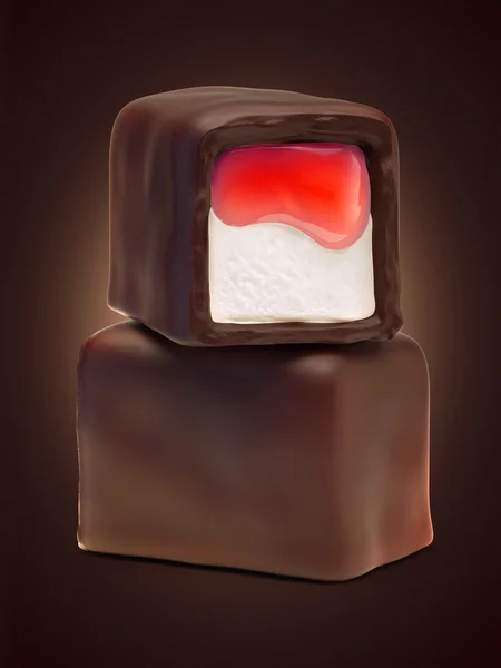 Schokoladenbonbons mit roter Erdbeermarmelade — Stockfoto