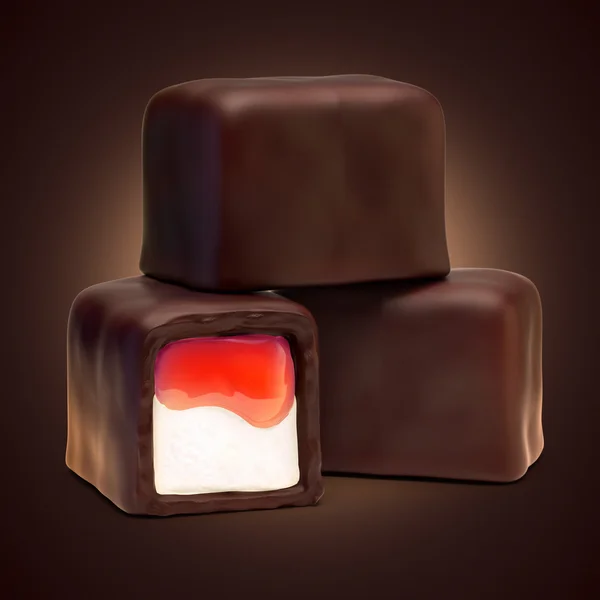 Choklad godis med röda jordgubbssylt — Stockfoto