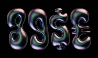 Pürüzsüz ve parlak yansıtıcı yüzeye sahip 3D harfler kümesi