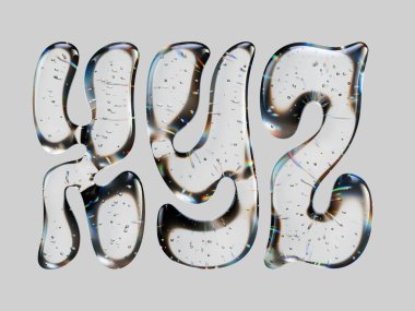 Şeffaf sudan yapılmış, pürüzsüz ve hava kabarcıklarından oluşan 3D harflerden oluşan bir set.