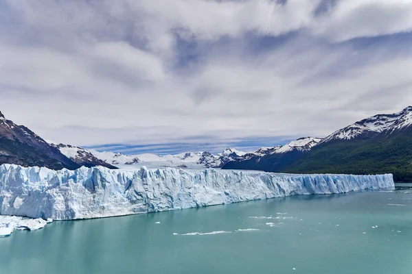 阿根廷巴塔哥尼亚冰川国家公园的Perito Moreno冰川蓝冰 前景一片蓝绿色森林 覆盖着安第斯山脉的种子2 — 图库照片