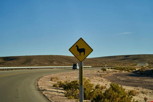 Black Yellow Road Sign Standing Next Street Chile Panamerican Highway — Stock Photo, Image