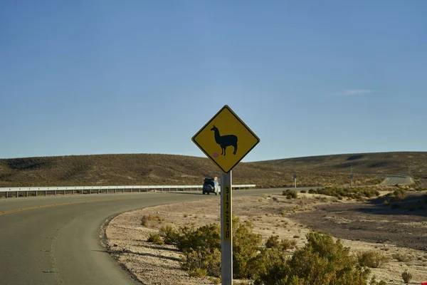 Black Yellow Road Sign Standing Next Street Chile Panamerican Highway — Stock Photo, Image