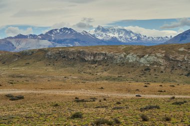 Arkasında And Dağları 'nın karla kaplı olduğu Patagonya' daki geniş açık arazi.