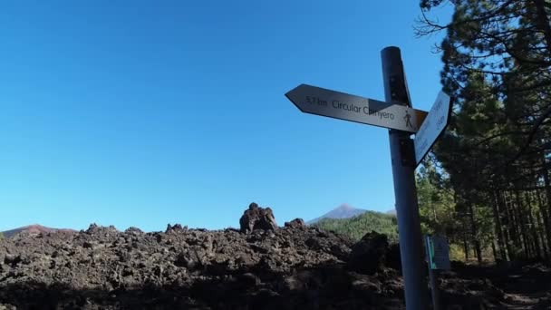 スペインのEl Teideの近くにある溶岩岩の火山の風景の中 カナリア諸島のテネリフェ島の方向を示すハイキングコースに投稿してください — ストック動画