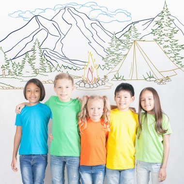 camping and campfire summer vacation, group of children at mount