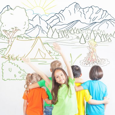 camping and campfire summer vacation, group of children at mount
