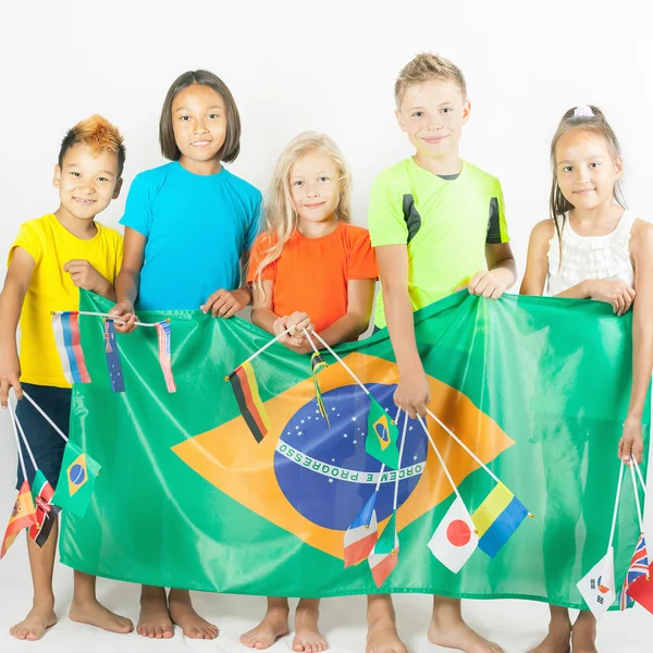 브라질 국기를 들고 아 이들의 그룹 — 스톡 사진