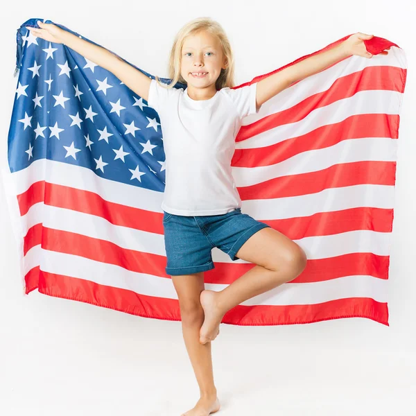 American blonde girl holding American national flag — Stock Photo, Image