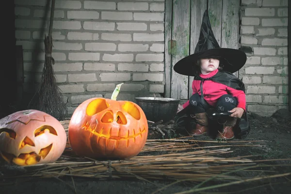 Kis boszorkány a varázslat főzet Halloween éjszaka. Horror. — Stock Fotó