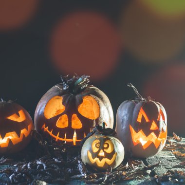 Halloween pumpkins, ahşap arka plan.