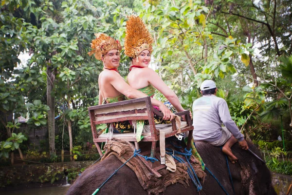 Coppia che cavalca e viaggia su un elefante — Foto Stock