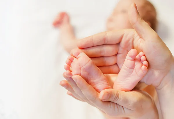 Mor som holder babyføtter i hendene – stockfoto