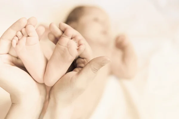 Mor som holder babyføtter i hendene – stockfoto