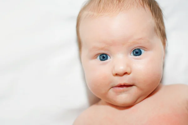 Portrait of newborn girl with blue eyes looking at you — Stock Photo, Image