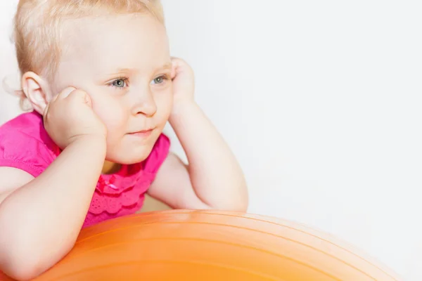 Happy child doing exercises at gymnastic ball — 스톡 사진