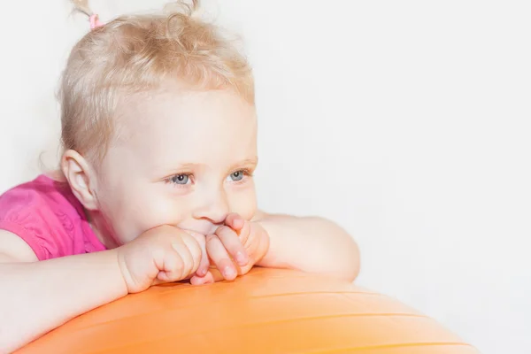 Happy child doing exercises at gymnastic ball — 스톡 사진