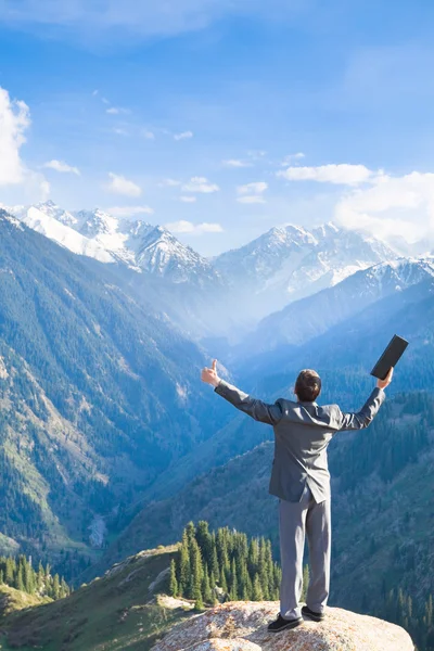 The businessman with laptop at the top of the mountain — Stock Photo, Image