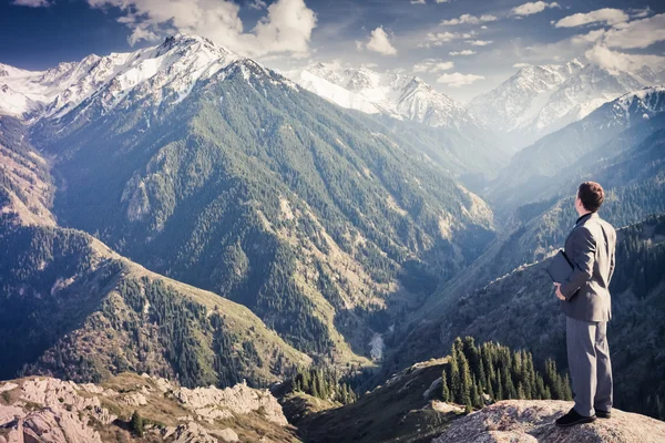 The businessman with laptop at the top of the mountain is thinking — Stock Photo, Image