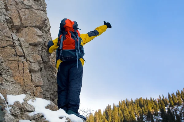 Climbing young adult at the top of summit