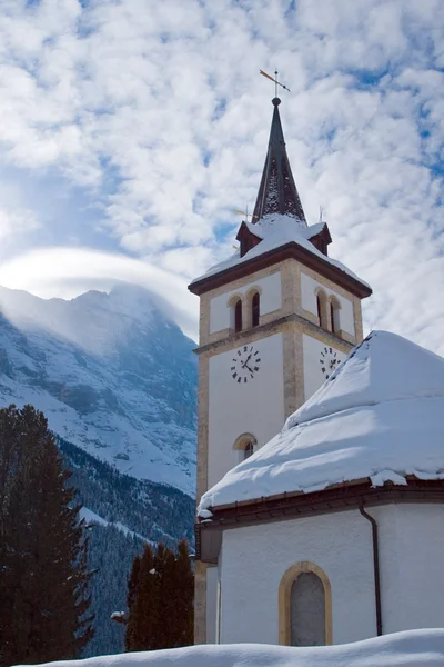 Church near the Grindelwald ski area. Swiss alps at winter — стокове фото