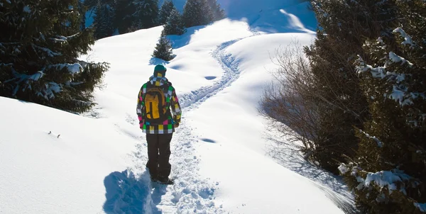 Young climber on the footpath in the snowy mountains. — Stockfoto