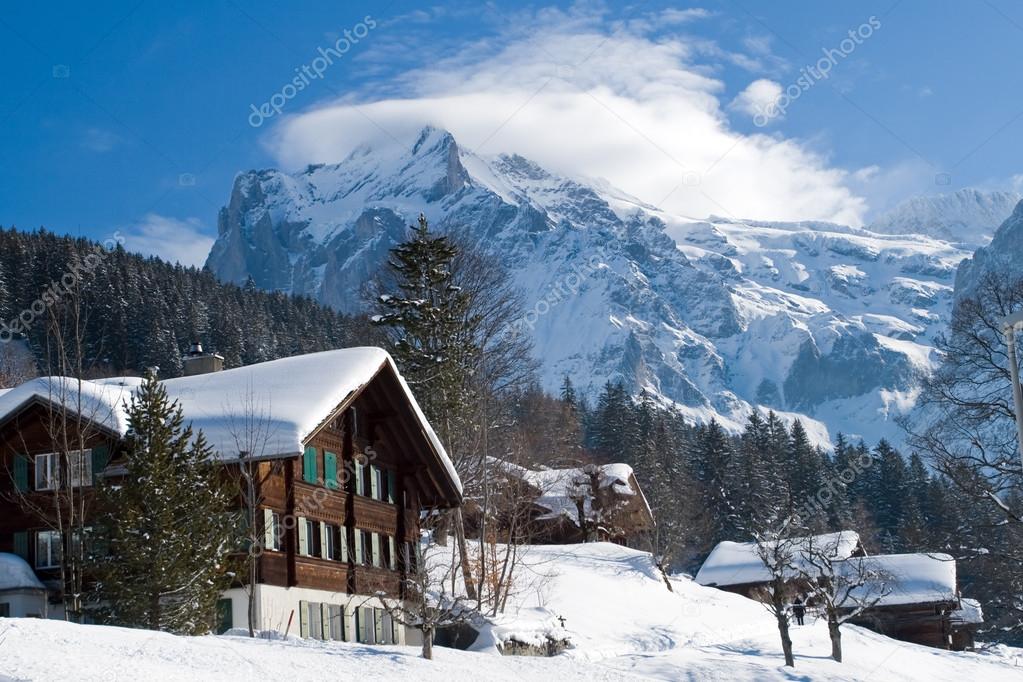 Hotel near the Grindelwald ski area. Swiss alps at winter