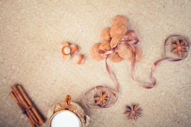 Chocolate truffles candies and vintage glass of milk or cream