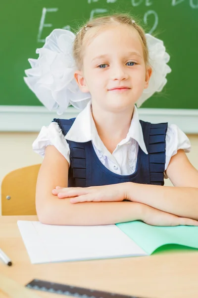 Classwork için masa başında oturan öğrencinin masaüstü arka plan — Stok fotoğraf