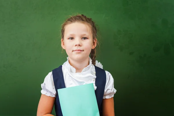 First grade schoolgirl holding notebook near blackboard at classroom — ストック写真