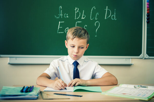 Schoolboy sits at a desk at school classroom