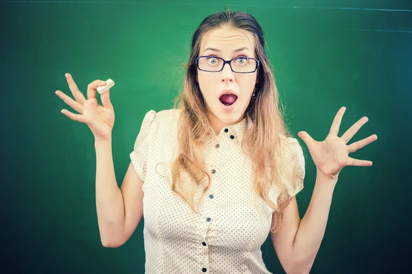 Teacher woman in stress or depression at school classroom — Stockfoto