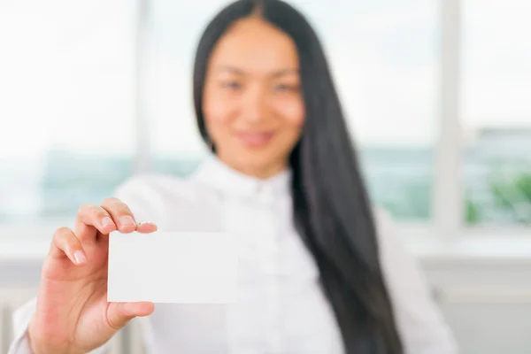 Happy and successful asian businesswoman gives you a business card — Stock Photo, Image