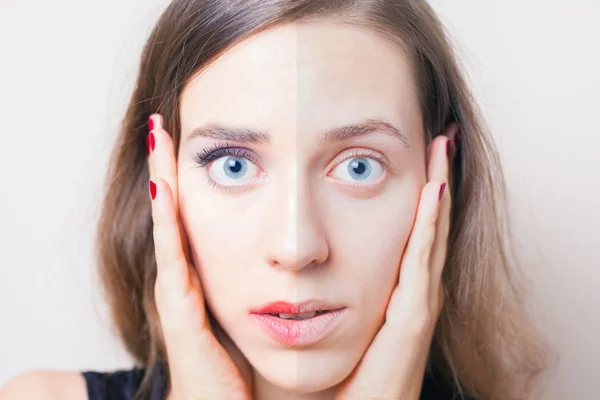 Maquiagem feminina de metade do rosto antes e depois do processamento — Fotografia de Stock