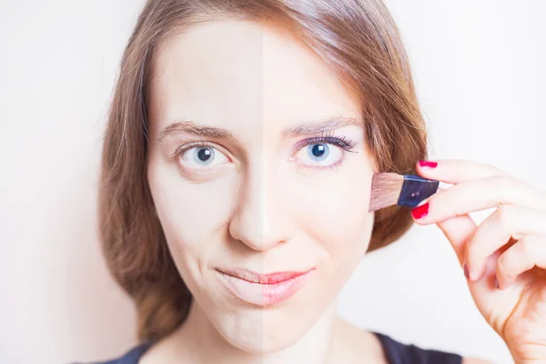 Yarısı kadın makyaj öncesi ve işlem sonrası yüz — Stok fotoğraf