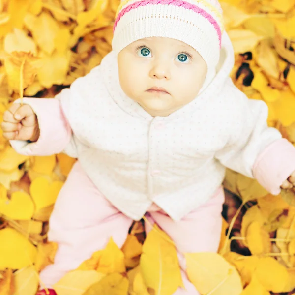 Портрет дитини на осінньому парку з жовтим фоном листя — стокове фото
