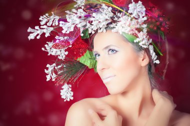 Noel ağacı saç ve makyaj, moda model ile kadın kış