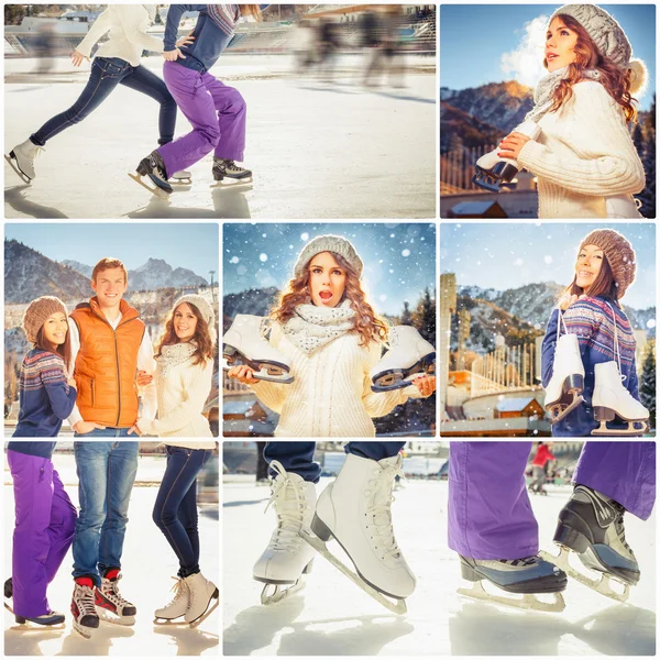 Collage several photos of happy group of ice skating people — Stock Photo, Image