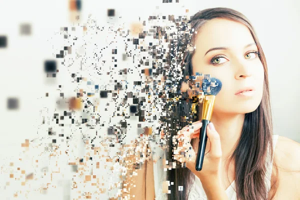 Makeup artist woman doing make-up using cosmetic brush for yourself — Stock Photo, Image