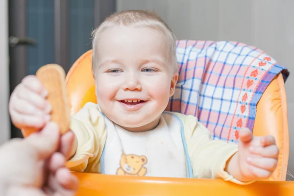 Mom feeds the baby biscuit, cookie. — Stock Photo, Image