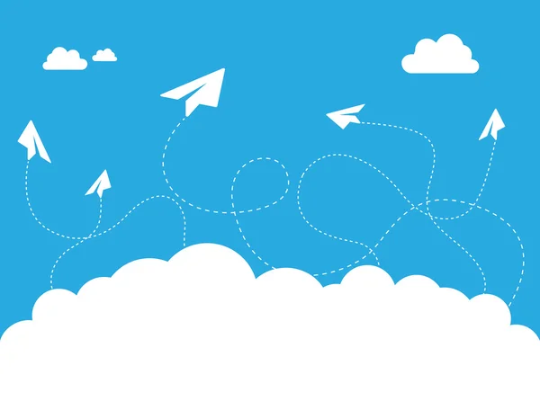 Kağıt Uçak bulut mavi gökyüzü vektör tasarım konsepti üzerinde — Stok Vektör