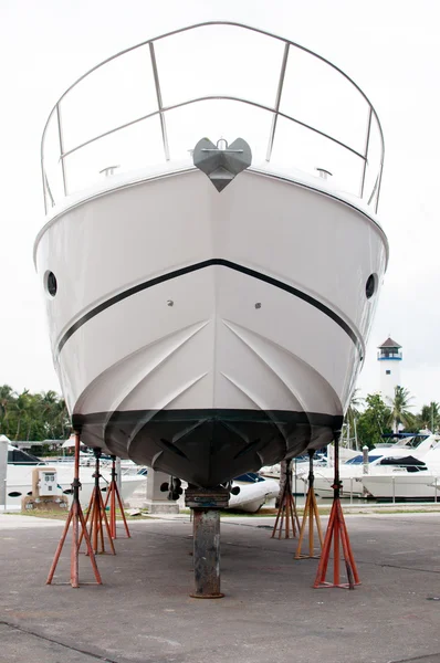 Motorboat from a front view at shipyard — Stock Photo, Image