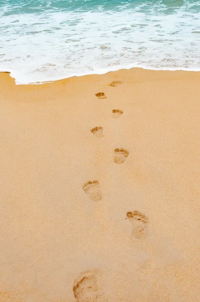 Deniz kumlu plaj, dalga köpüğü bir tatil zamanında ayak izleri