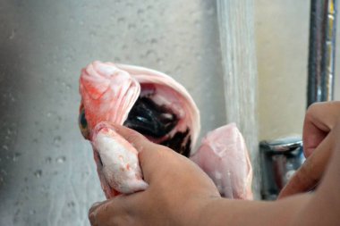 Suyun altında balık temizleme, barbekü hazırlığı