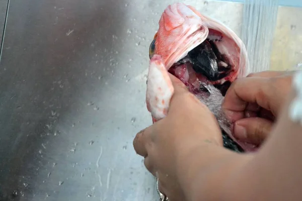 Чистка Рыбы Водой Подготовка Барбекю — стоковое фото