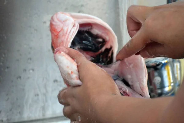 Чистка Рыбы Водой Подготовка Барбекю — стоковое фото