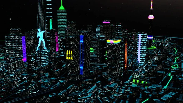 3 boyutlu görüntüleme. Gelecekte Dystopian Shanghai şehrinin hava görüntüsü siber punk 'lı binaların projeksiyon haritasını çıkarıyor.